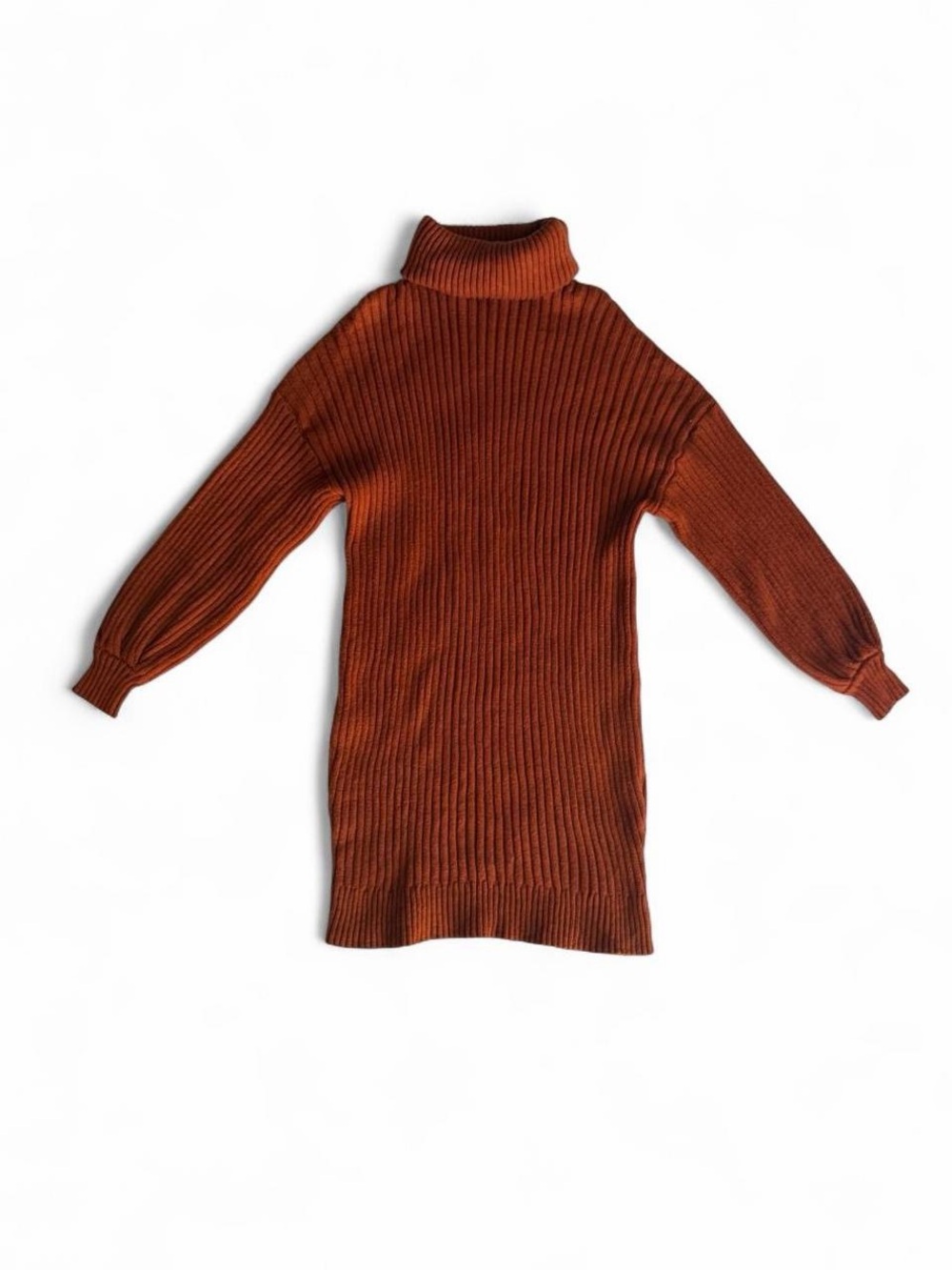Cozy Ribbed Knit Turtleneck Sweater Dress - Rust/Terracotta - Size S
